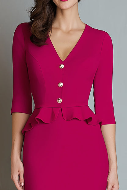 Fuchsia V Neck Mermaid Midi Work Dress with Sleeve