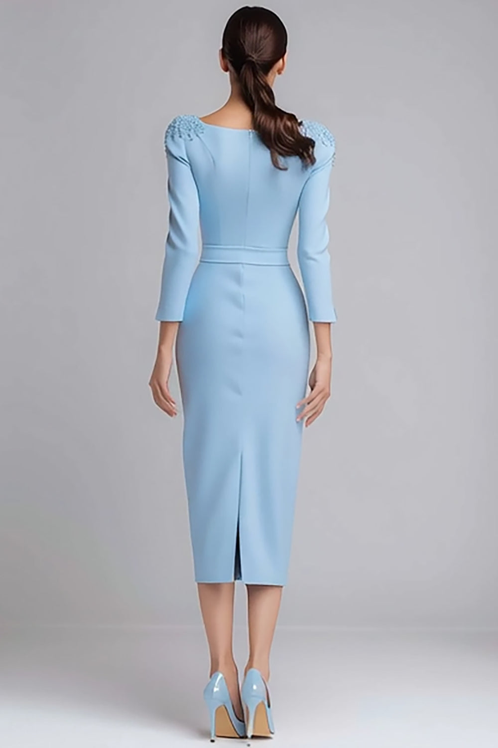 Sheath Light Blue Satin Midi Work Dress