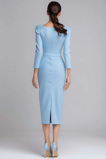 Sheath Light Blue Satin Midi Work Dress