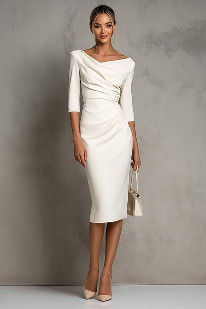 Ivory Sheath Ruched Midi Work Dress with Short Sleeve