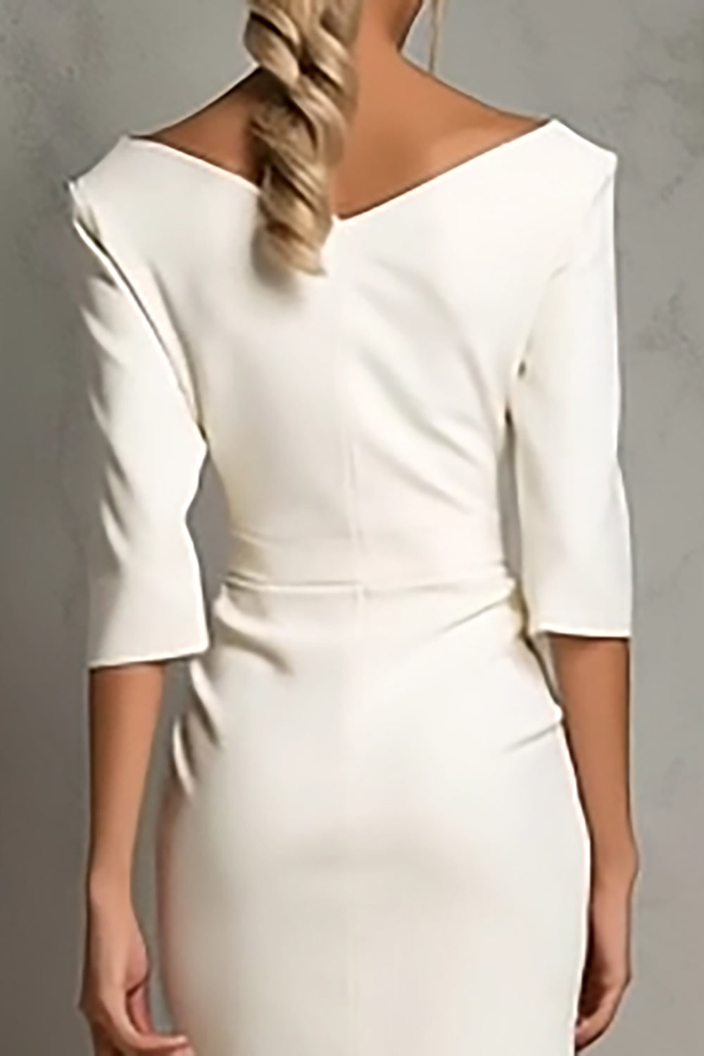 Ivory Sheath Ruched Midi Work Dress with Short Sleeve