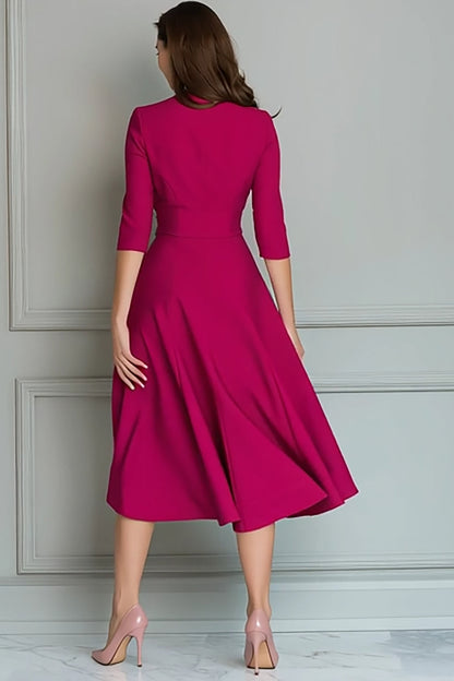 Fuchsia V Neck A Line Satin Midi Work Dress