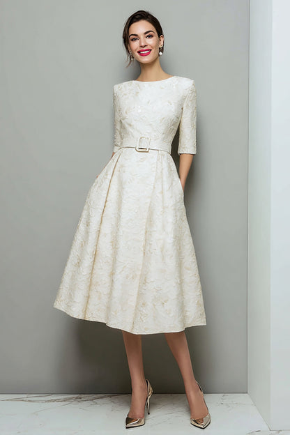 Ivory Jacquard A Line Midi Work Dress with Belt