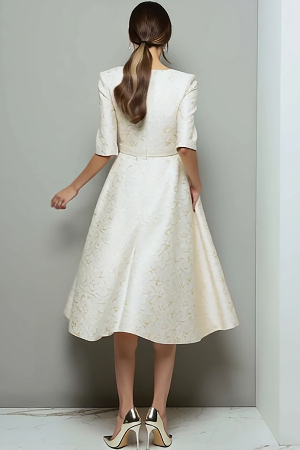 Ivory Jacquard A Line Midi Work Dress with Belt