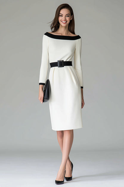 Black White Off the Shouder Sheath Midi Work Dress