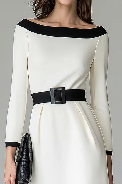Black White Off the Shouder Sheath Midi Work Dress