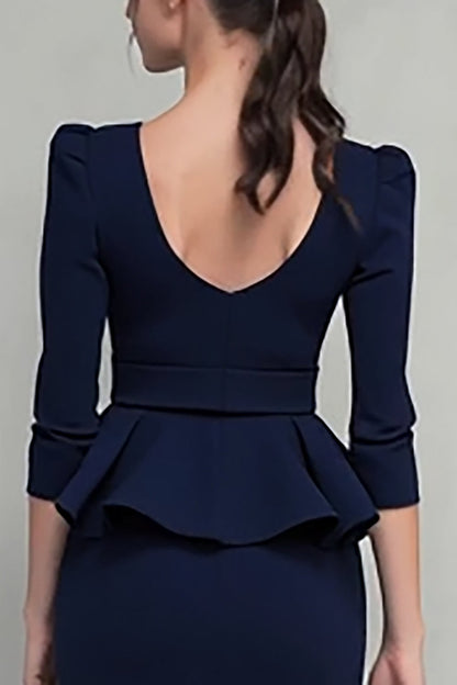 Navy Ruffled Square Neck Sheath Midi Work Dress