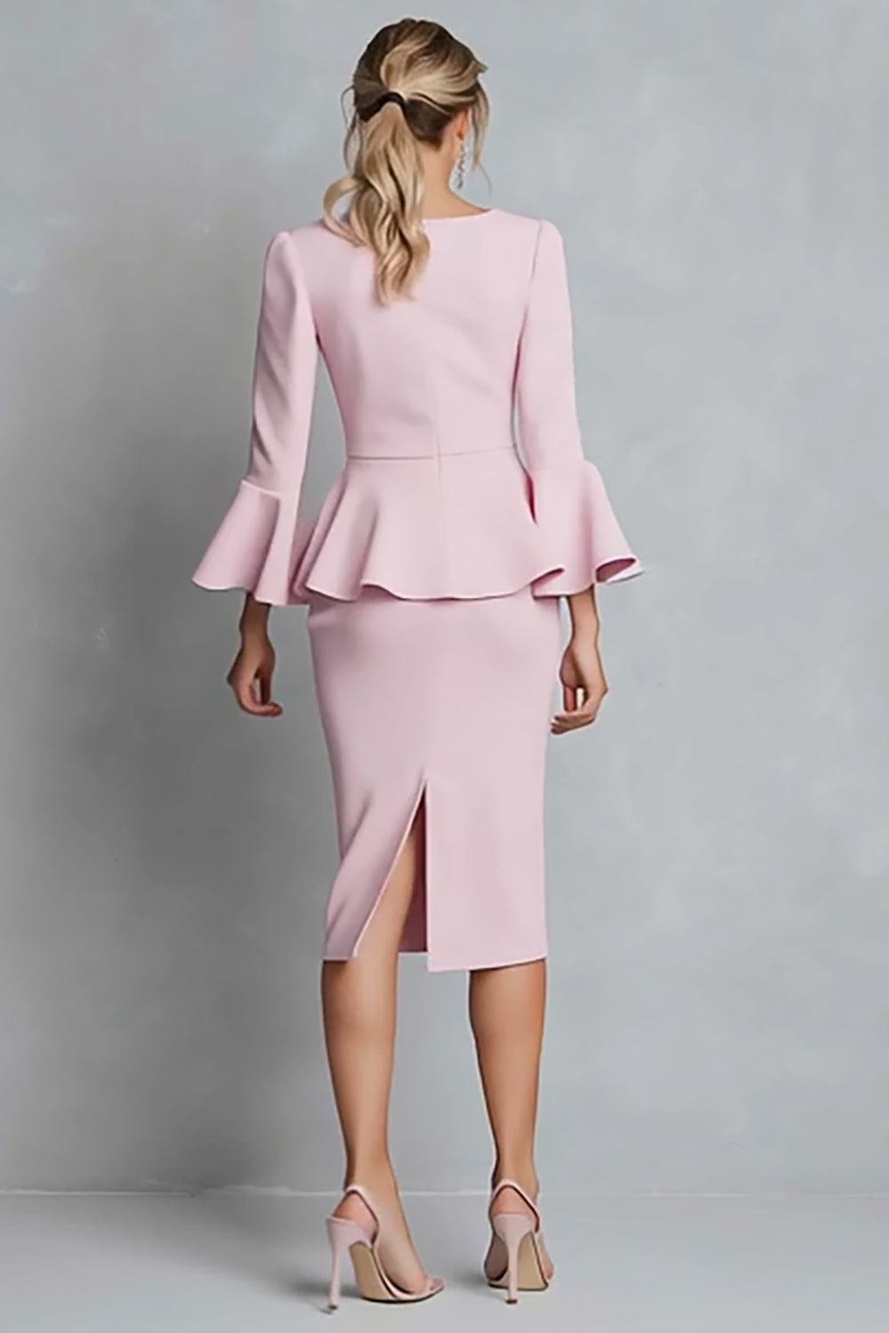 V Neck Ruffled Sheath Pink Midi Work Dress