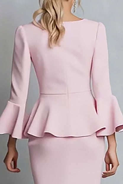 V Neck Ruffled Sheath Pink Midi Work Dress