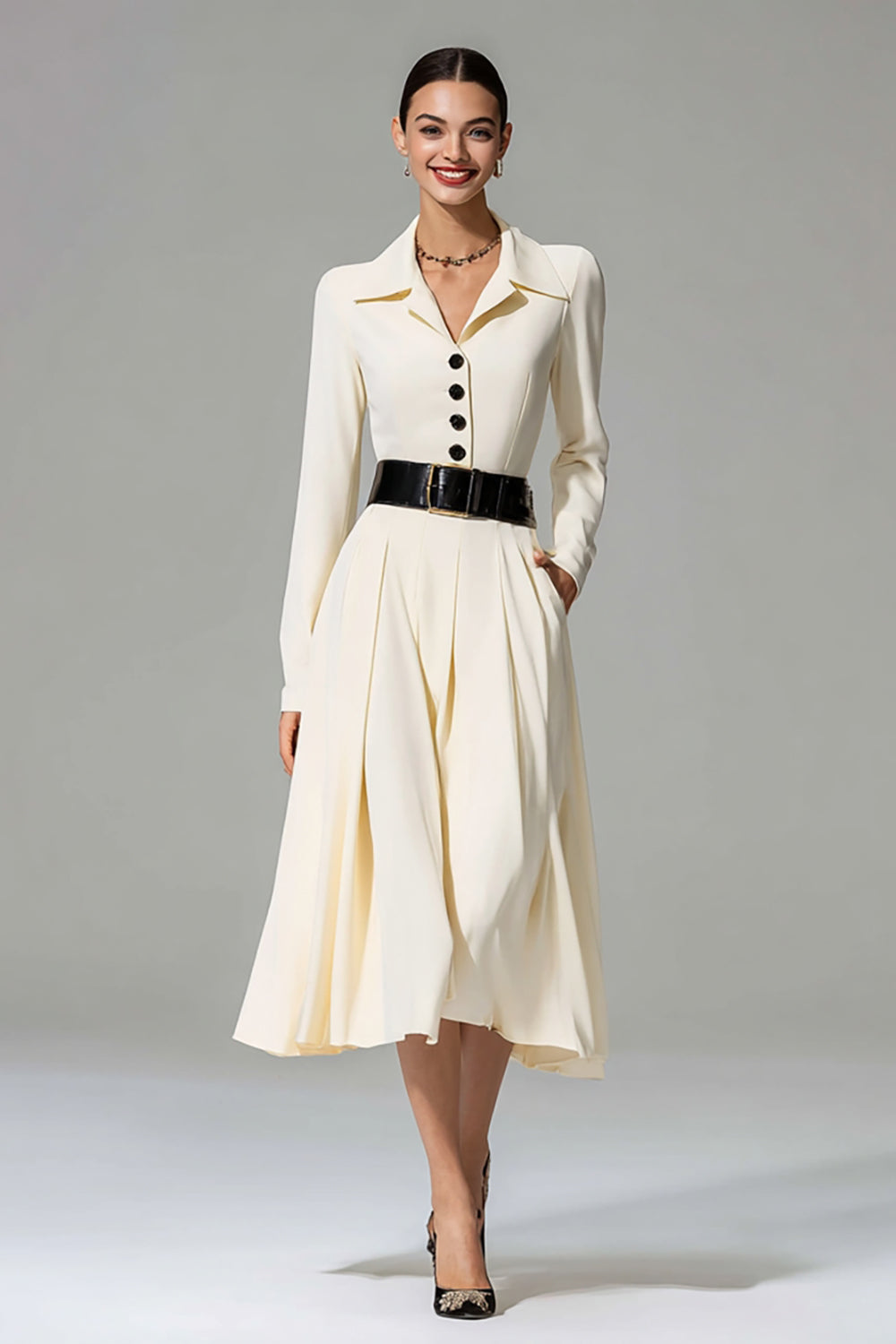 Ivory Peak Lapel A Line Midi Work Dress with Belt