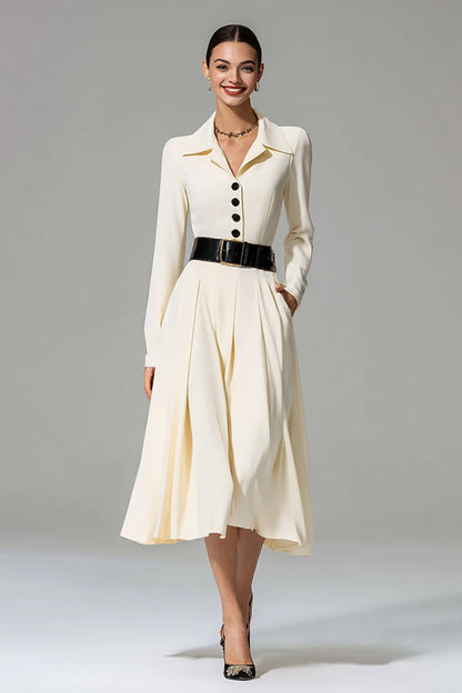 Ivory Peak Lapel A Line Midi Work Dress with Belt