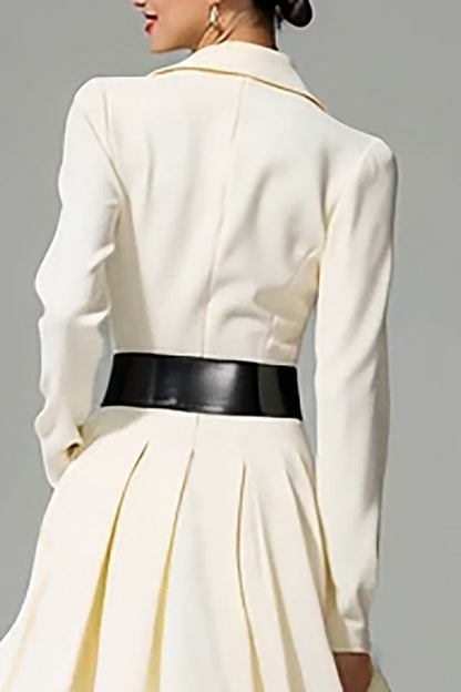 Ivory Peak Lapel A Line Midi Work Dress with Belt