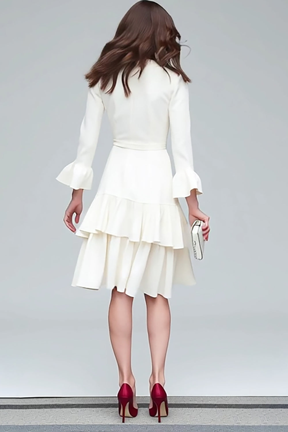 Ivory V-Neck Sheath Long Sleeves Midi Work Dress with Ruffles