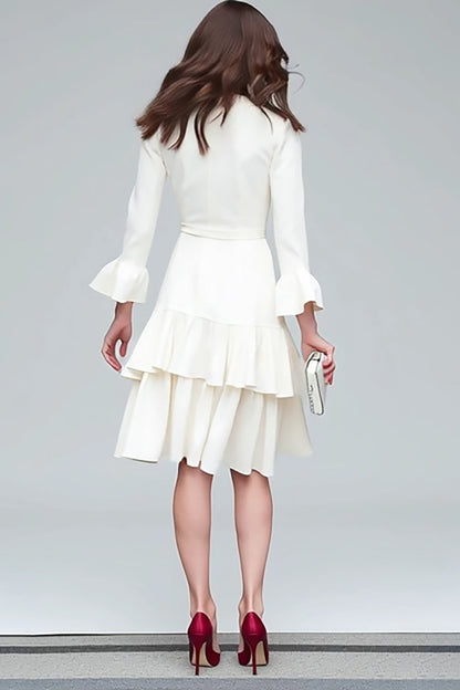 Ivory V-Neck Sheath Long Sleeves Midi Work Dress with Ruffles