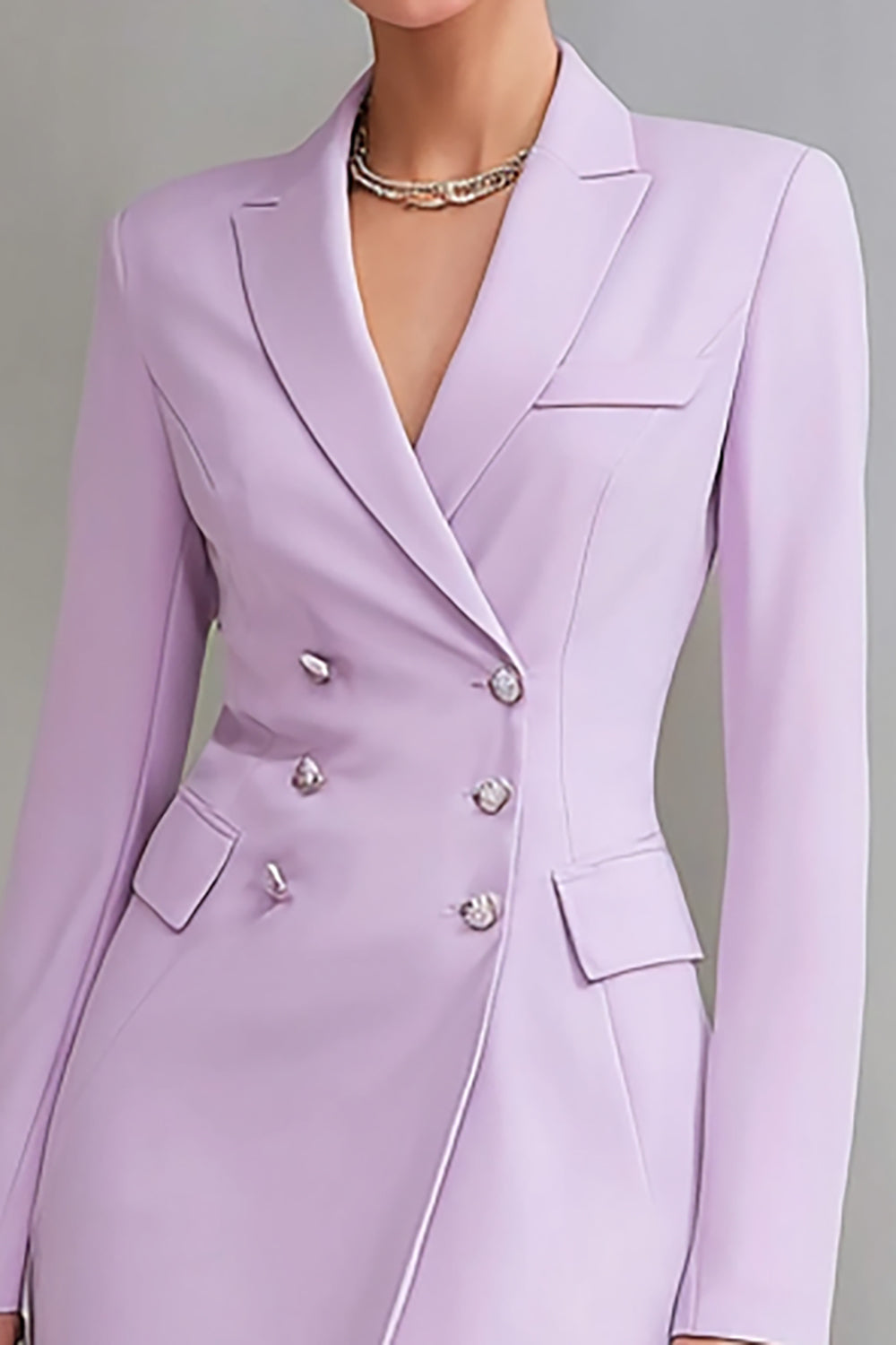 Lilac Satin Double Breasted Sheath Long Sleeves Midi Work Dress