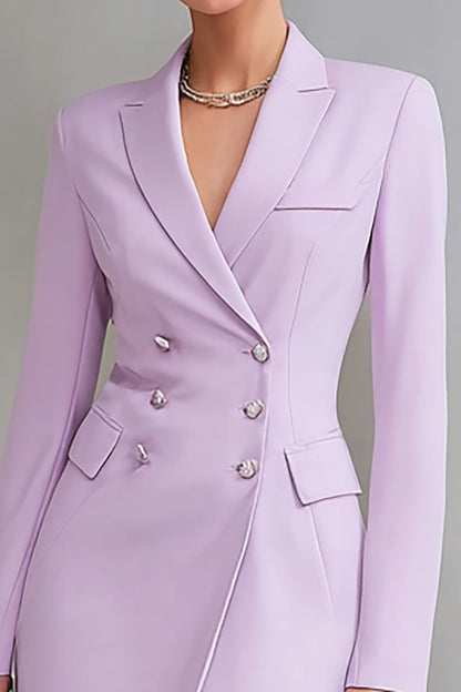 Lilac Satin Double Breasted Sheath Long Sleeves Midi Work Dress