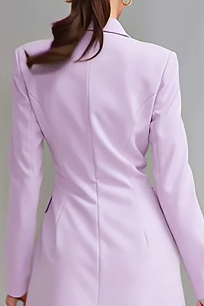 Lilac Satin Double Breasted Sheath Long Sleeves Midi Work Dress