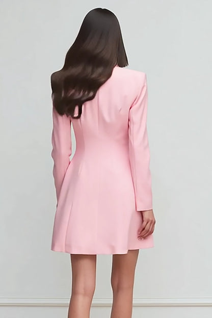 Pink Peak Lapel A Line Satin Double Breasted Short Work Dress with Sleeves