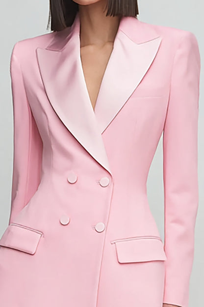 Pink Peak Lapel A Line Satin Double Breasted Short Work Dress with Sleeves