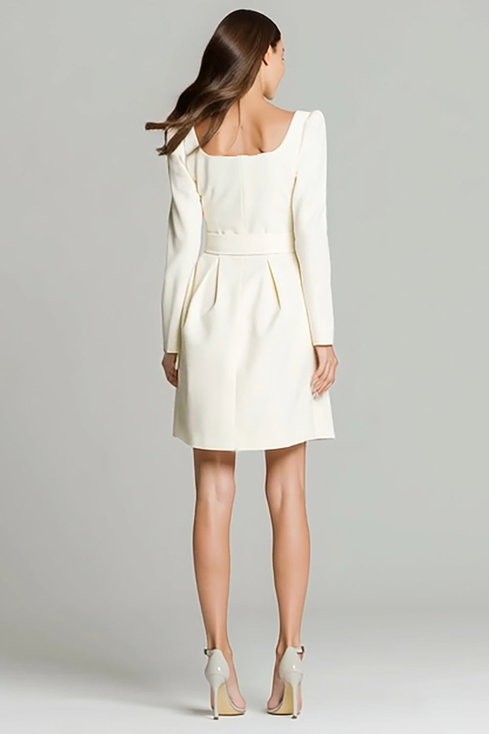 Ivory A Line Square Neck Long Sleeves Short Work Dress with Belt