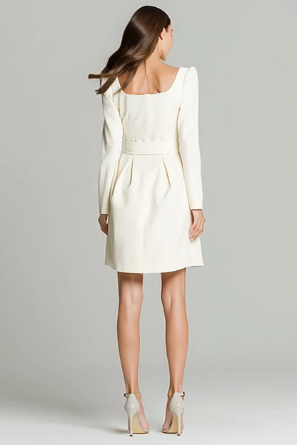 Ivory A Line Square Neck Long Sleeves Short Work Dress with Belt