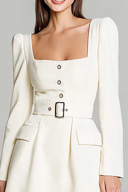 Ivory A Line Square Neck Long Sleeves Short Work Dress with Belt