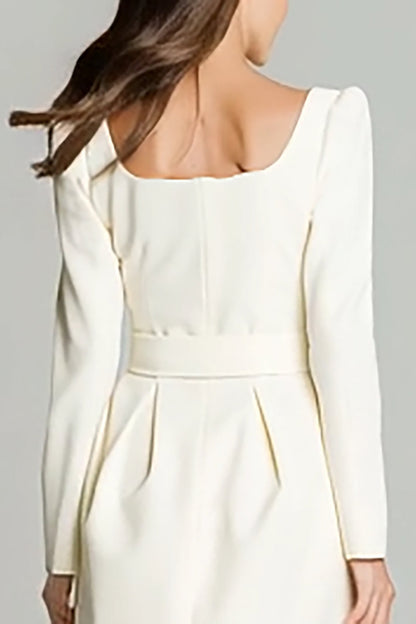 Ivory A Line Square Neck Long Sleeves Short Work Dress with Belt