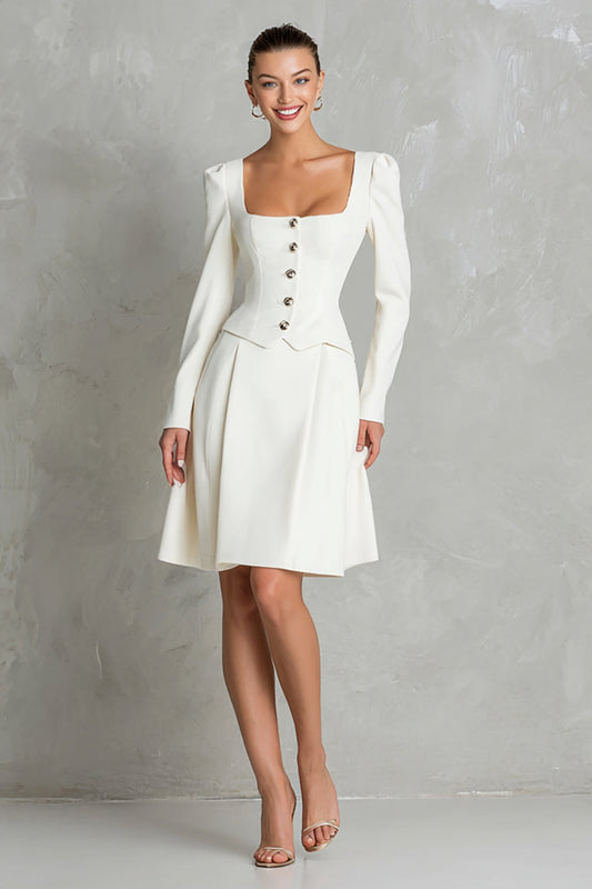 Ivory 2 Piece Square Neck Crepe Single Breasted Midi Work Dress with Sleeves