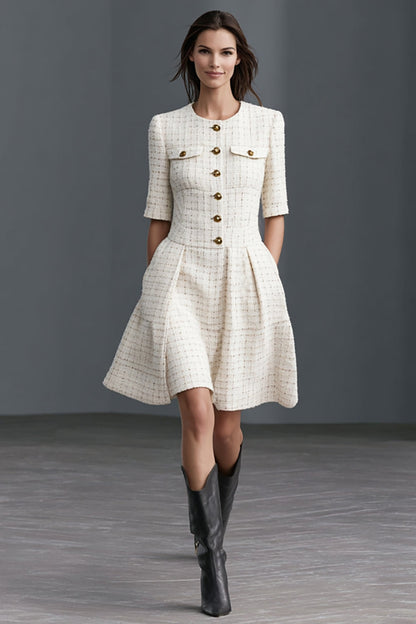 Ivory A Line Tweed Single Breasted Half Sleeves Midi Work Dress