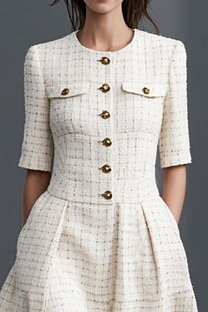 Ivory A Line Tweed Single Breasted Half Sleeves Midi Work Dress