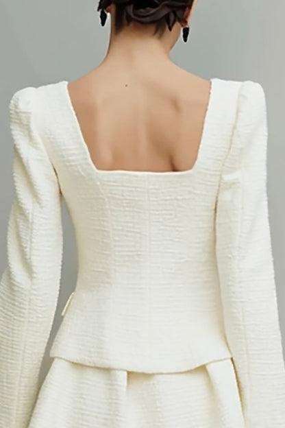 2 Piece Ivory Tweed Square Neck Single Breasted Long Sleeves Short Work Dress