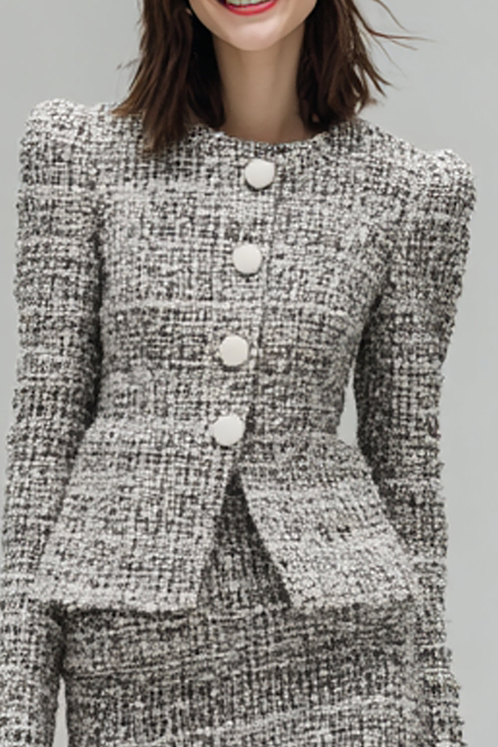 Grey 2 Piece Tweed Pencil Single Breasted Short Work Dress with Sleeves
