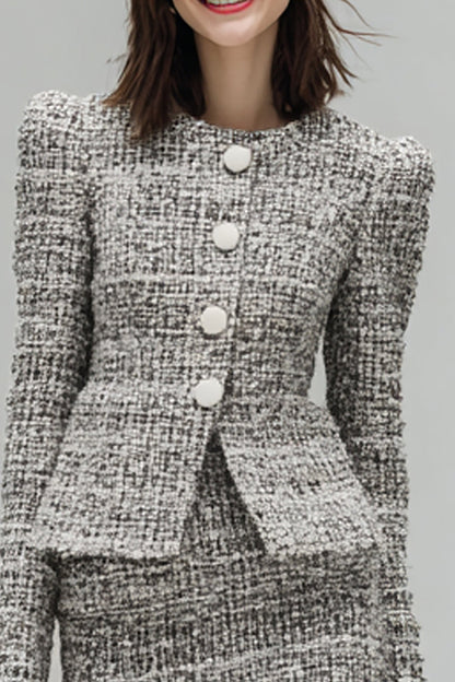Grey 2 Piece Tweed Pencil Single Breasted Short Work Dress with Sleeves