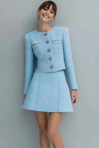 Light Blue 2 Piece A Line Tweed Single Breasted Long Sleeves Short Work Dress