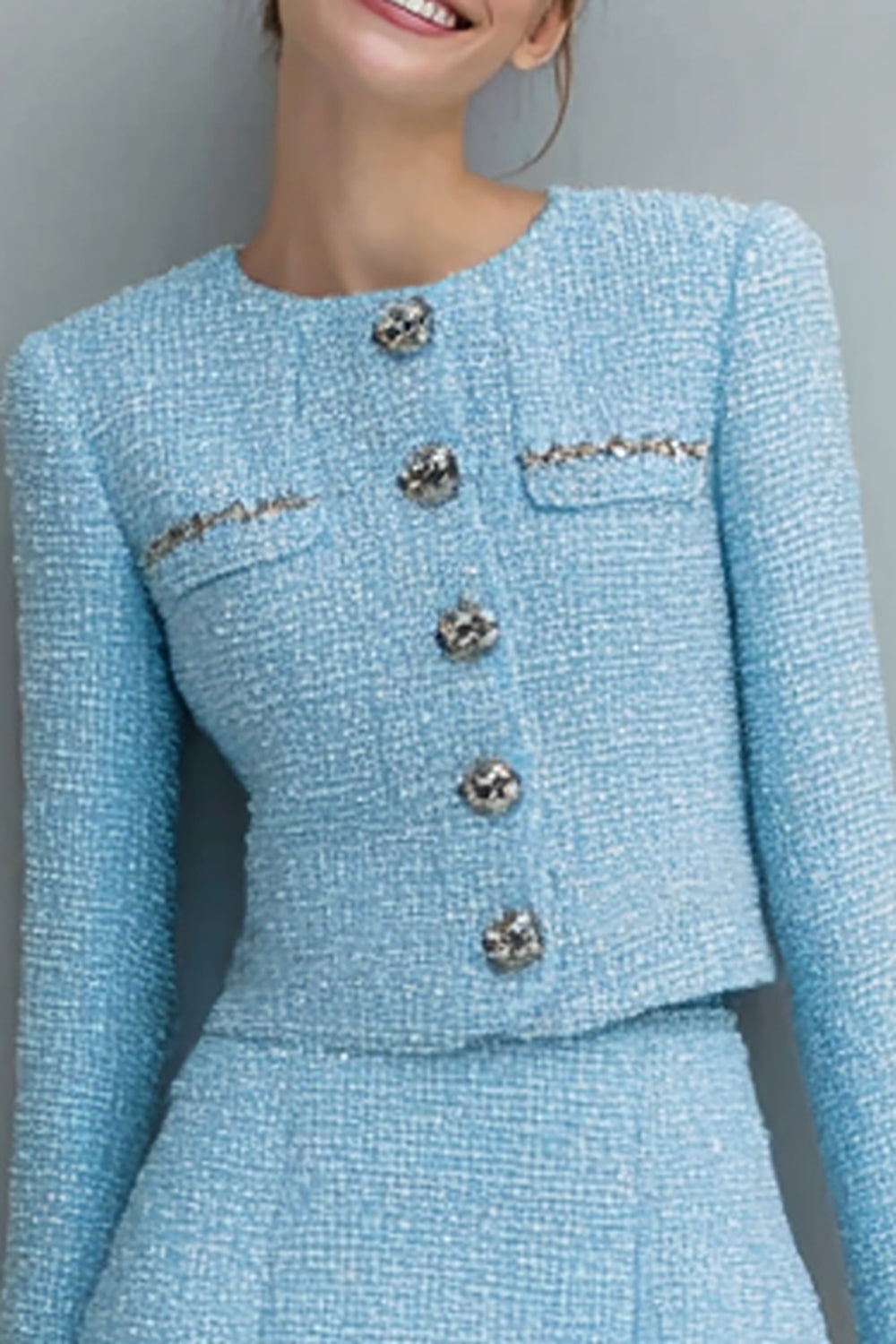 Light Blue 2 Piece A Line Tweed Single Breasted Long Sleeves Short Work Dress