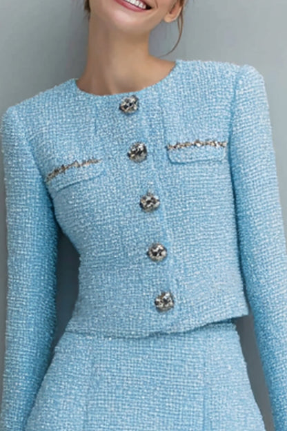 Light Blue 2 Piece A Line Tweed Single Breasted Long Sleeves Short Work Dress