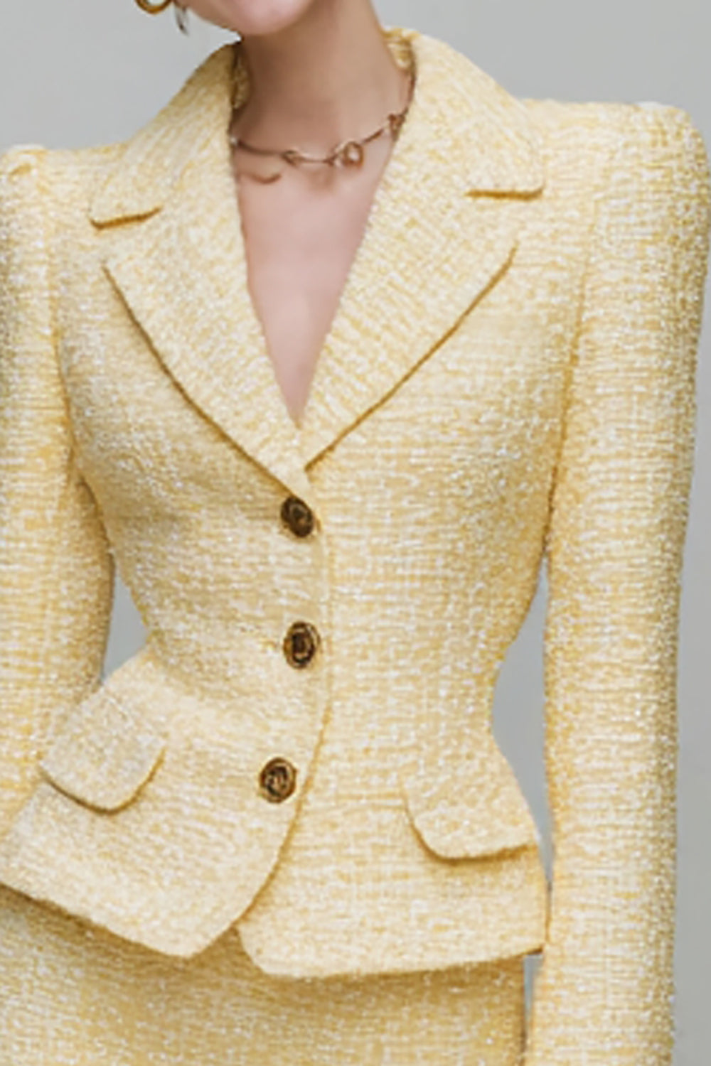 Light Yellow 2 Piece Notched Lapel Pencil Tweed Short Blazer Dress with Sleeves