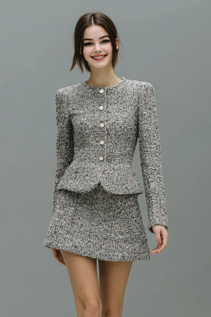 Grey 2 Piece Tweed Single Breasted Short Work Dress with Sleeves