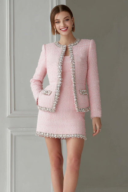 Pink 2 Piece Bodycon Tweed Short Work Dress with Sleeves