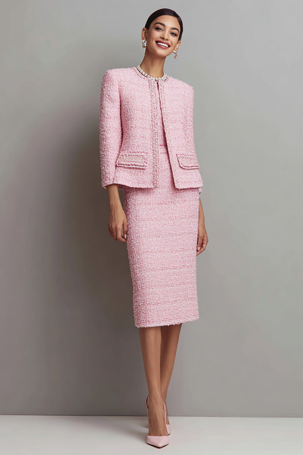 Pink Sheath Tweed 2-piece Long Sleeve Work Dress