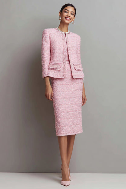 Pink Sheath Tweed 2-piece Long Sleeve Work Dress