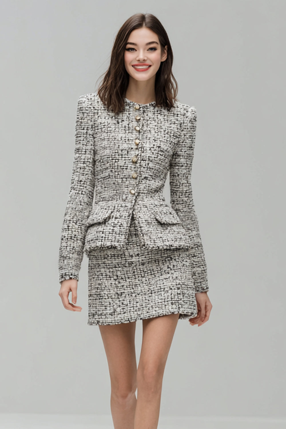 Grey 2 Piece Tweed Pencil Short Work Dress
