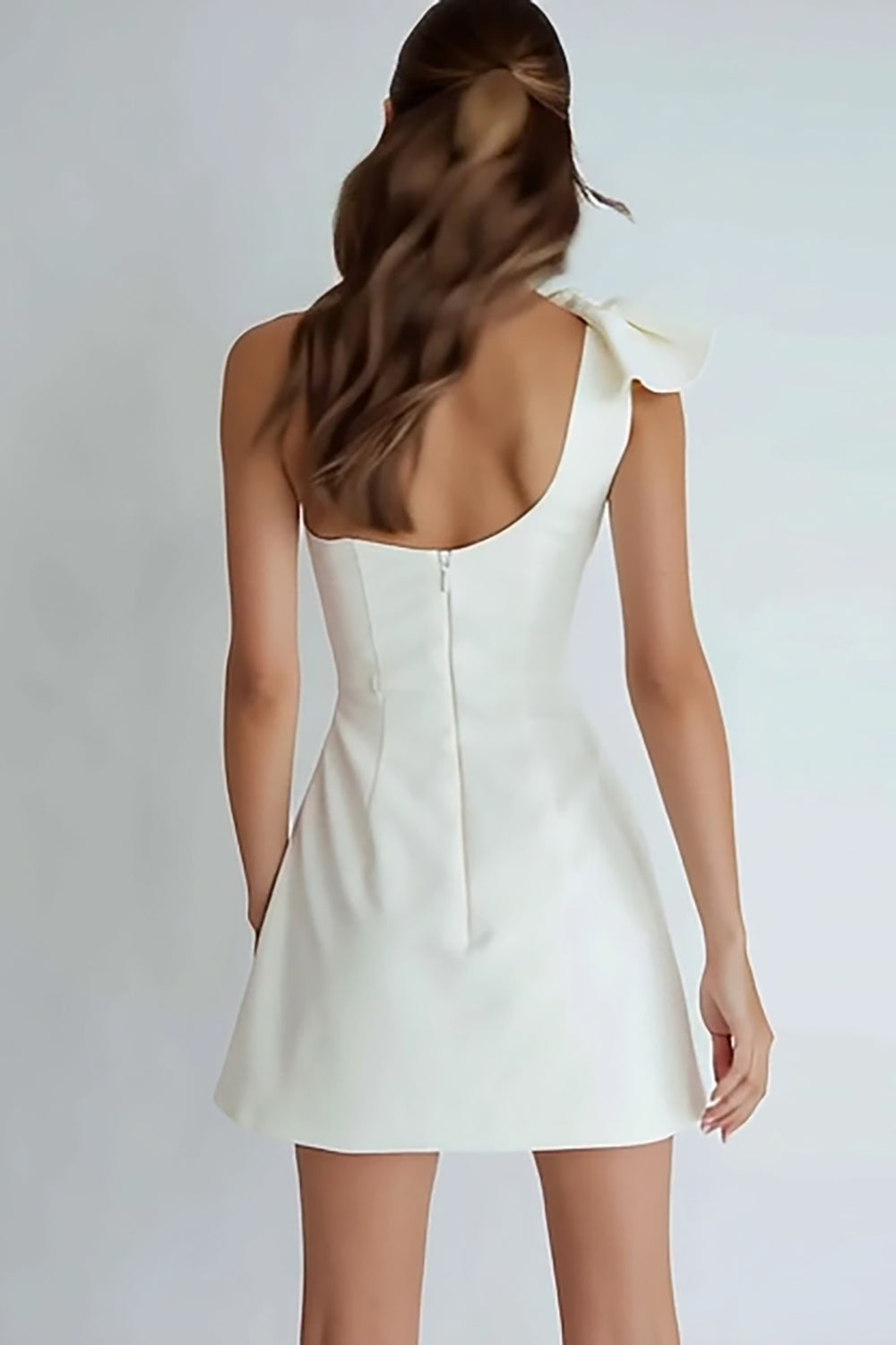 One Shoulder A Line Little White Dress with Bow