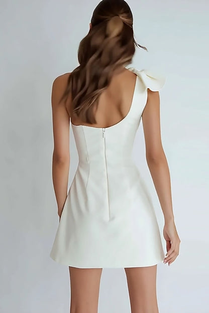 One Shoulder A Line Little White Dress with Bow