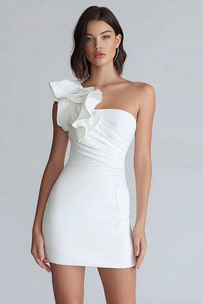 Ruched One Shoulder Bodycon Little White Dress