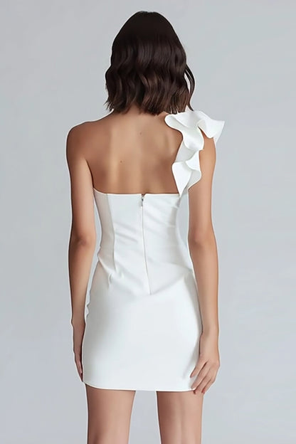 Ruched One Shoulder Bodycon Little White Dress
