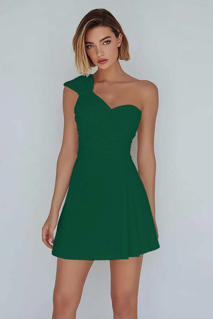 One Shoulder A Line Ruched Little White Dress