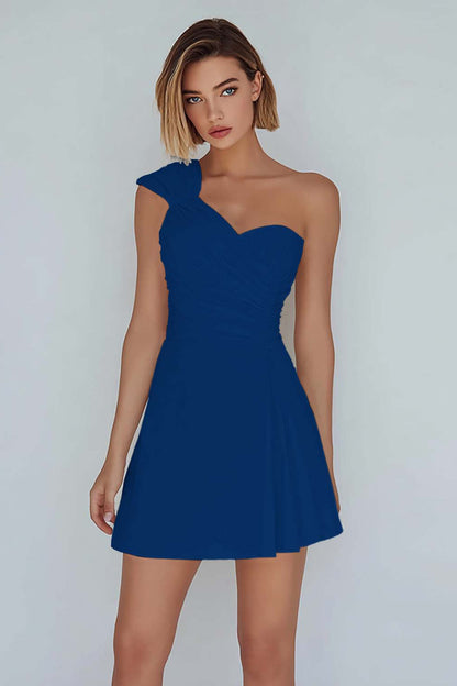 One Shoulder A Line Ruched Little White Dress