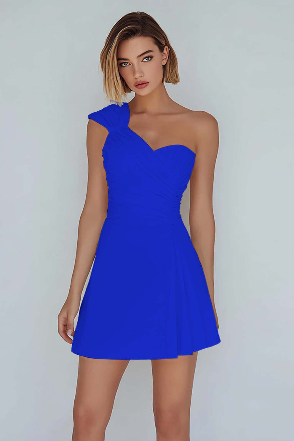 One Shoulder A Line Ruched Little White Dress