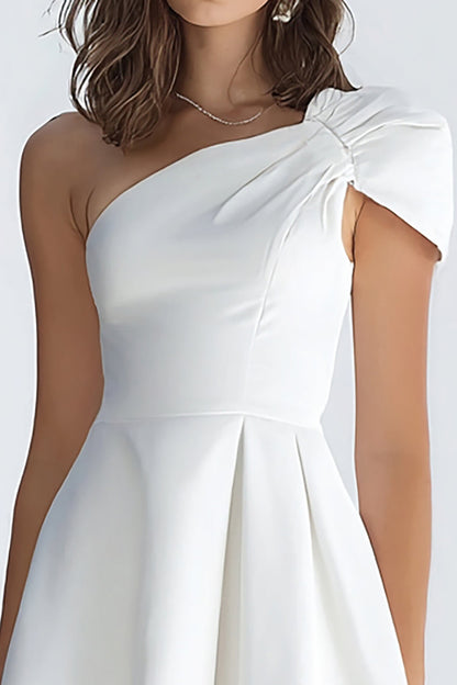 One Shoulder A Line Satin Little White Dress